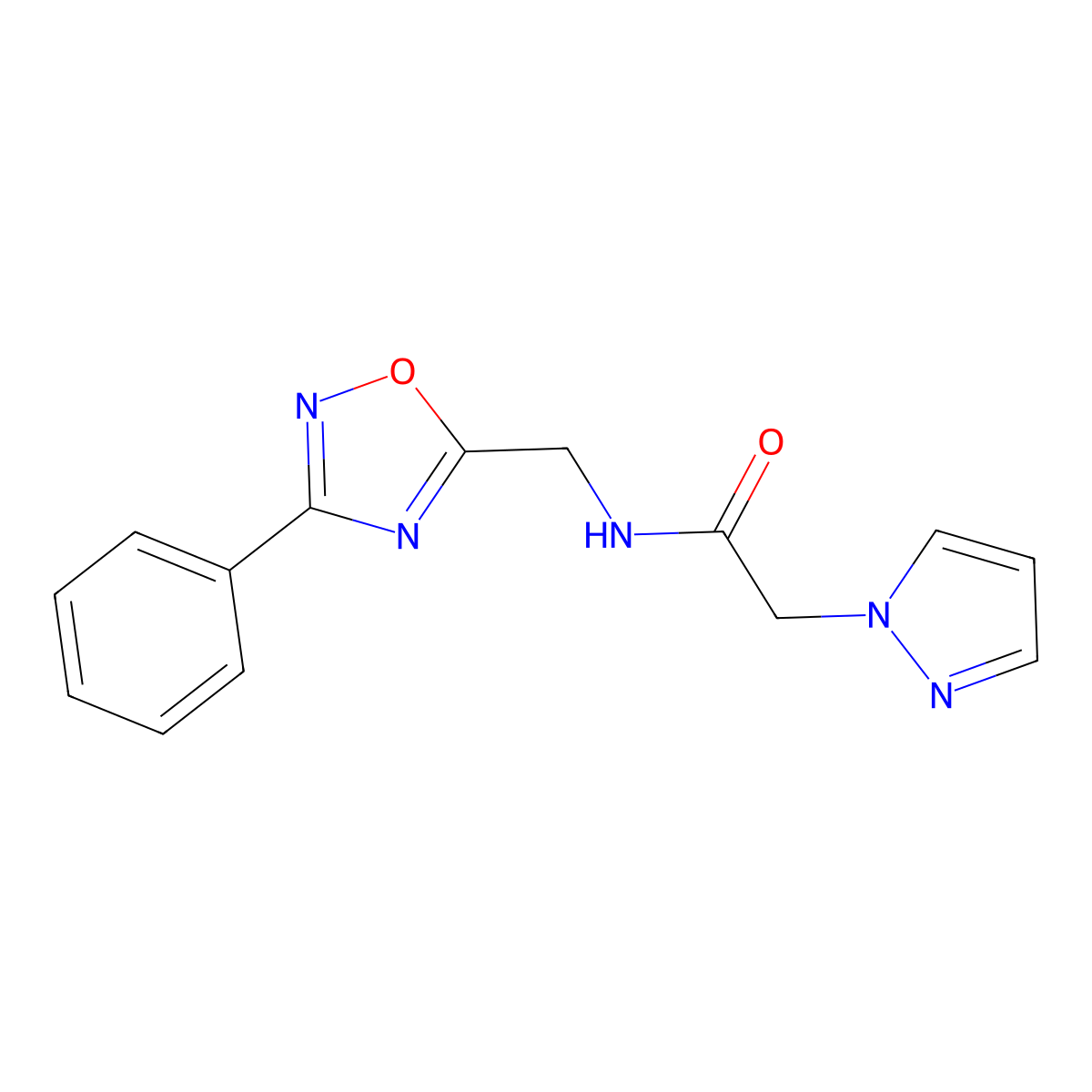 N-((3-phenyl-1,2,4-oxadiazol-5-yl)methyl)-2-(1H-pyrazol-1-yl)acetamide molecular structure, CAS 1207000-97-2