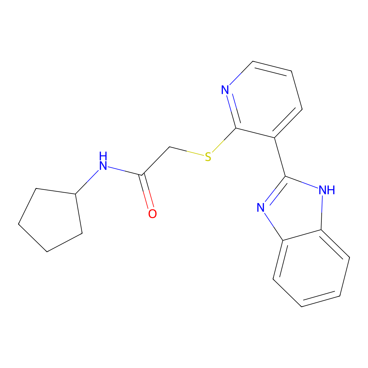 2-((3-(1H-benzo[d]imidazol-2-yl)pyridin-2-yl)thio)-N-cyclopentylacetamide molecular structure, CAS 1207001-02-2
