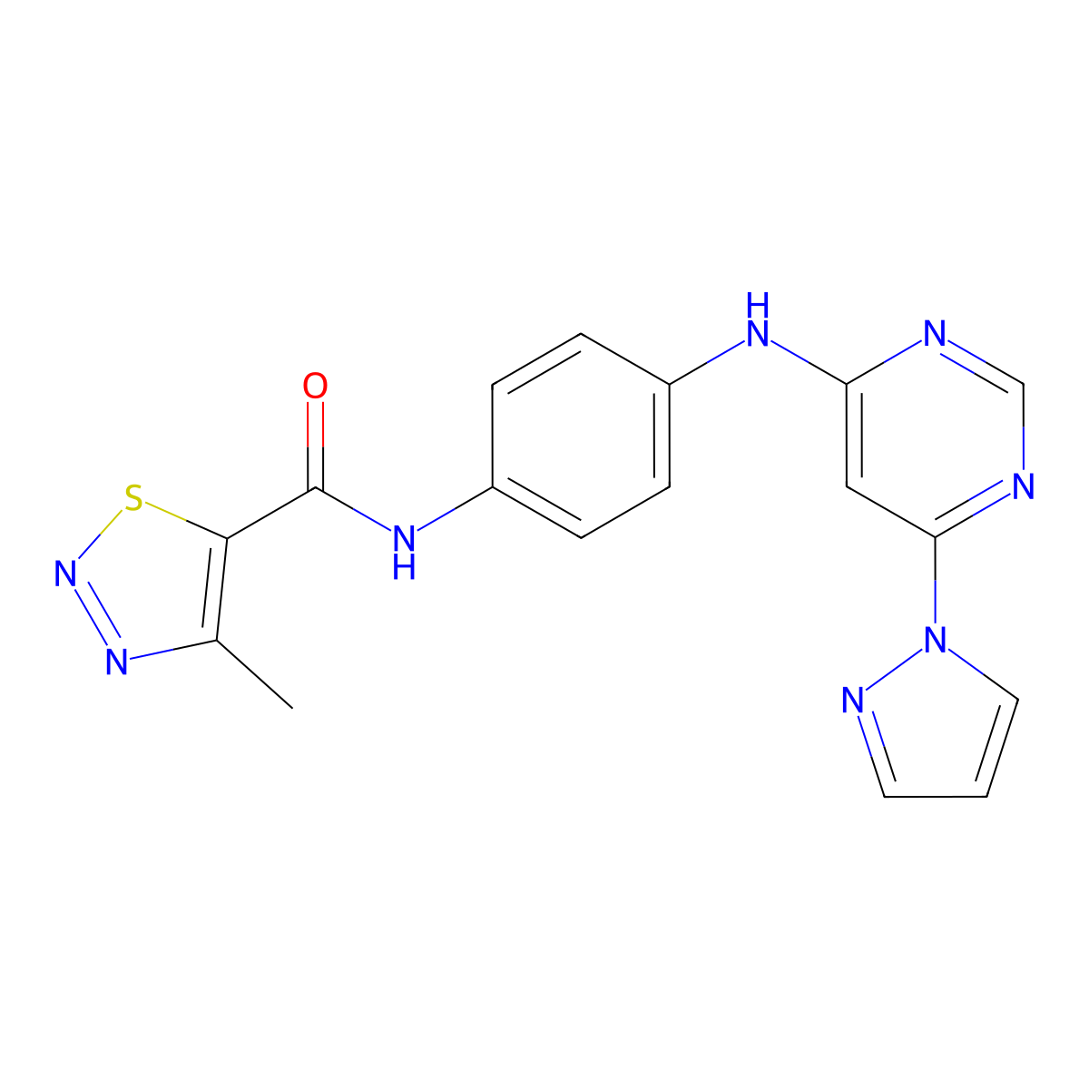N-(4-((6-(1H-pyrazol-1-yl)pyrimidin-4-yl)amino)phenyl)-4-methyl-1,2,3-thiadiazole-5-carboxamide molecular structure, CAS 1207001-10-2