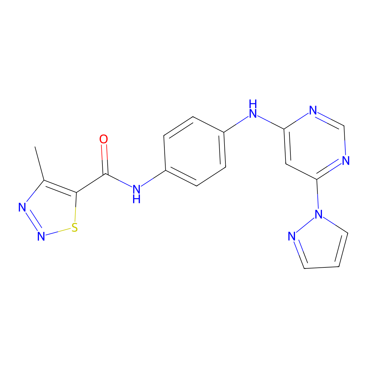 N-(4-((6-(1H-pyrazol-1-yl)pyrimidin-4-yl)amino)phenyl)-4-methyl-1,2,3-thiadiazole-5-carboxamide molecular structure, CAS 1207001-10-2
