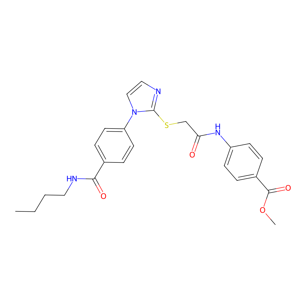 methyl 4-[2-({1-[4-(butylcarbamoyl)phenyl]-1H-imidazol-2-yl}sulfanyl)acetamido]benzoate molecular structure, CAS 1207001-13-5