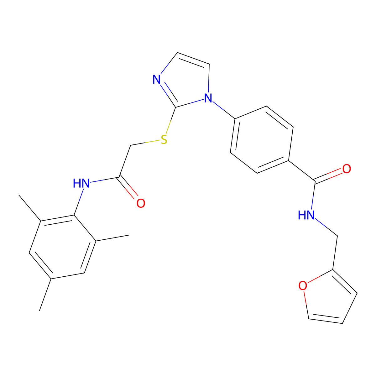 N-[(furan-2-yl)methyl]-4-[2-({[(2,4,6-trimethylphenyl)carbamoyl]methyl}sulfanyl)-1H-imidazol-1-yl]benzamide molecular structure, CAS 1207001-21-5