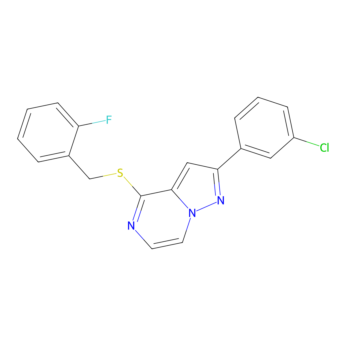 2-(3-Chlorophenyl)-4-[(2-fluorobenzyl)thio]pyrazolo[1,5-a]pyrazine molecular structure, CAS 1207001-30-6