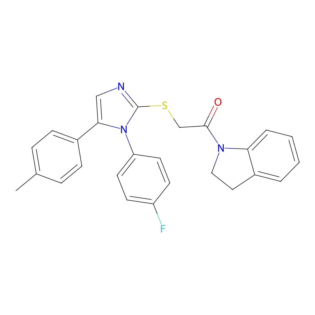 2-((1-(4-fluorophenyl)-5-(p-tolyl)-1H-imidazol-2-yl)thio)-1-(indolin-1-yl)ethanone molecular structure, CAS 1207001-32-8
