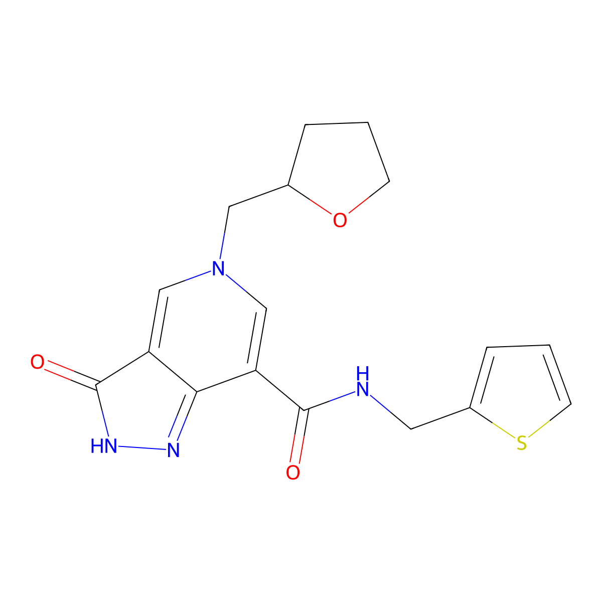 3-oxo-5-((tetrahydrofuran-2-yl)methyl)-N-(thiophen-2-ylmethyl)-3,5-dihydro-2H-pyrazolo[4,3-c]pyridine-7-carboxamide molecular structure, CAS 1207001-42-0
