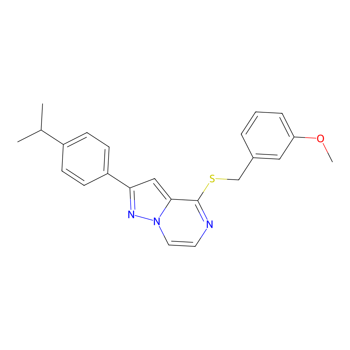 2-(4-Isopropylphenyl)-4-[(3-methoxybenzyl)thio]pyrazolo[1,5-a]pyrazine molecular structure, CAS 1207001-43-1