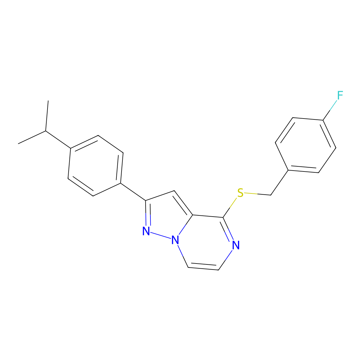 4-[(4-Fluorobenzyl)thio]-2-(4-isopropylphenyl)pyrazolo[1,5-a]pyrazine molecular structure, CAS 1207001-50-0