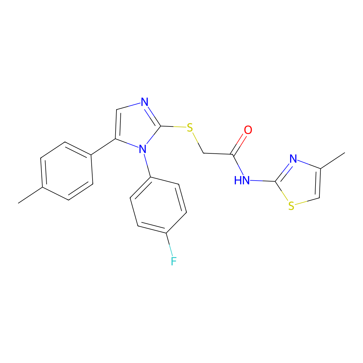 2-((1-(4-fluorophenyl)-5-(p-tolyl)-1H-imidazol-2-yl)thio)-N-(4-methylthiazol-2-yl)acetamide molecular structure, CAS 1207001-52-2