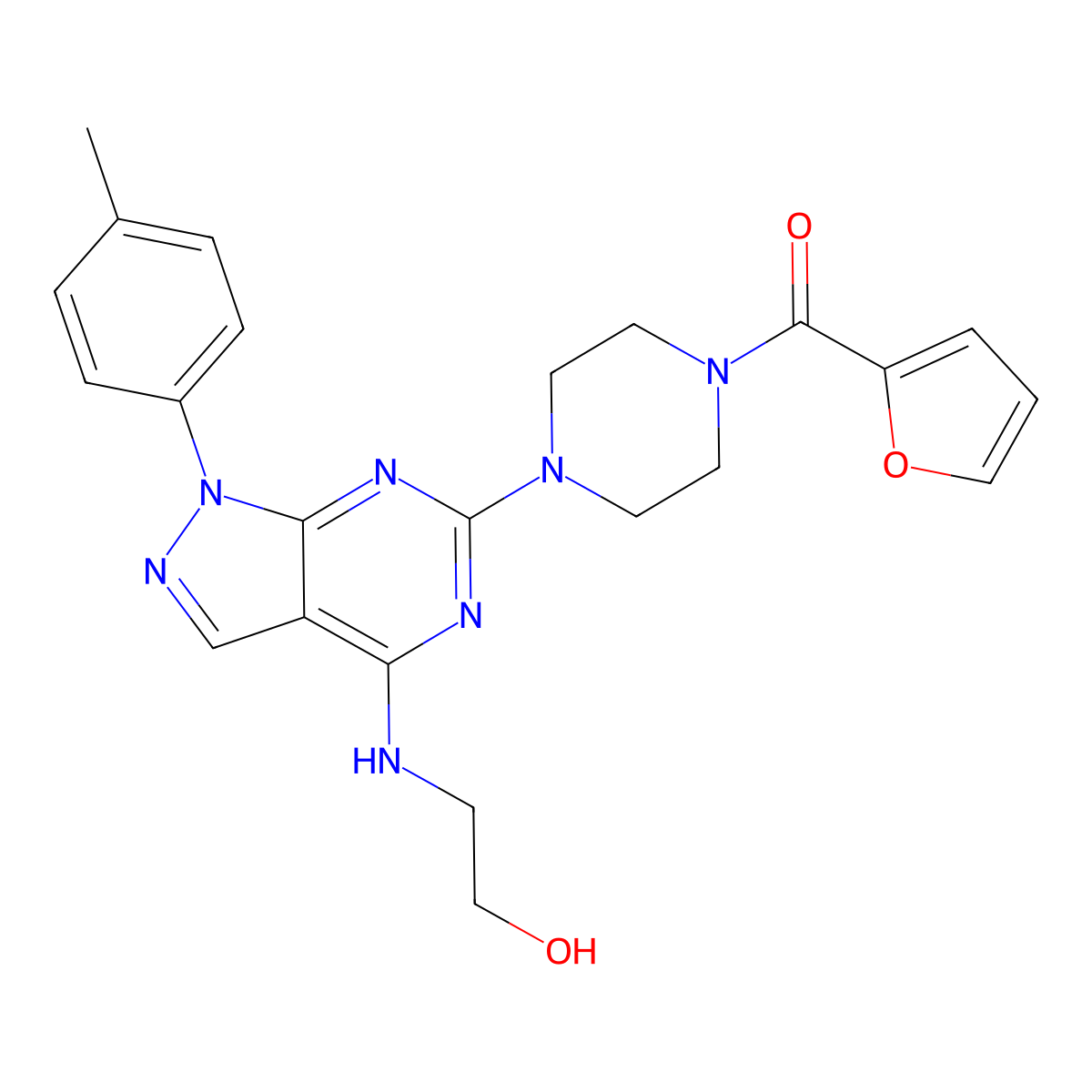 2-({6-[4-(furan-2-carbonyl)piperazin-1-yl]-1-(4-methylphenyl)-1H-pyrazolo[3,4-d]pyrimidin-4-yl}amino)ethan-1-ol molecular structure, CAS 1207001-63-5
