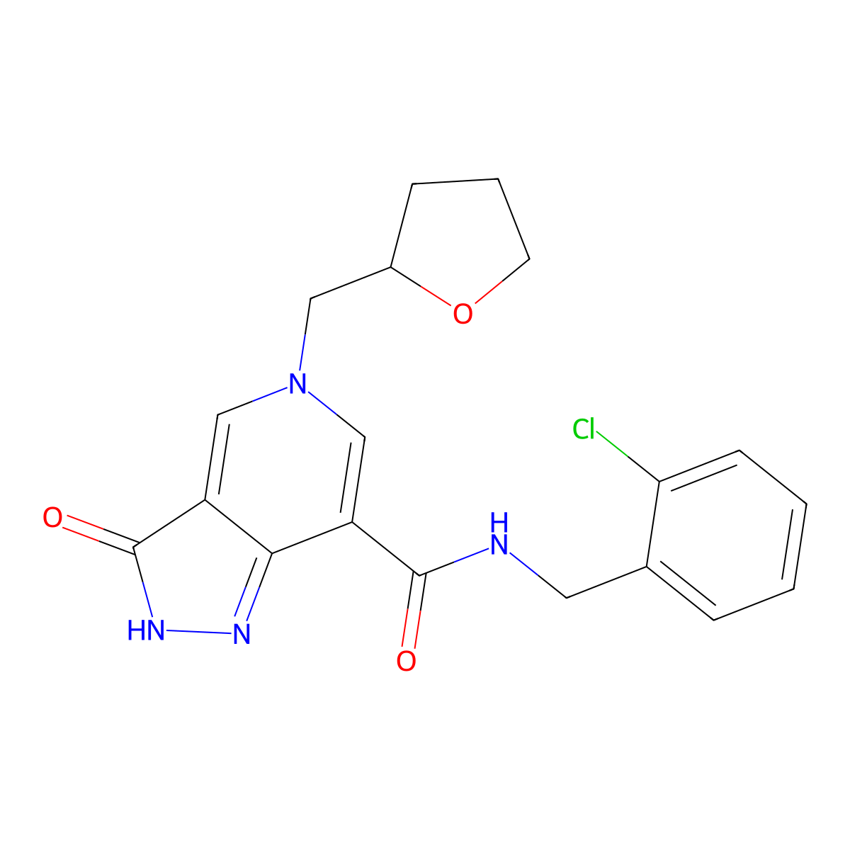 N-(2-chlorobenzyl)-3-oxo-5-((tetrahydrofuran-2-yl)methyl)-3,5-dihydro-2H-pyrazolo[4,3-c]pyridine-7-carboxamide molecular structure, CAS 1207001-68-0