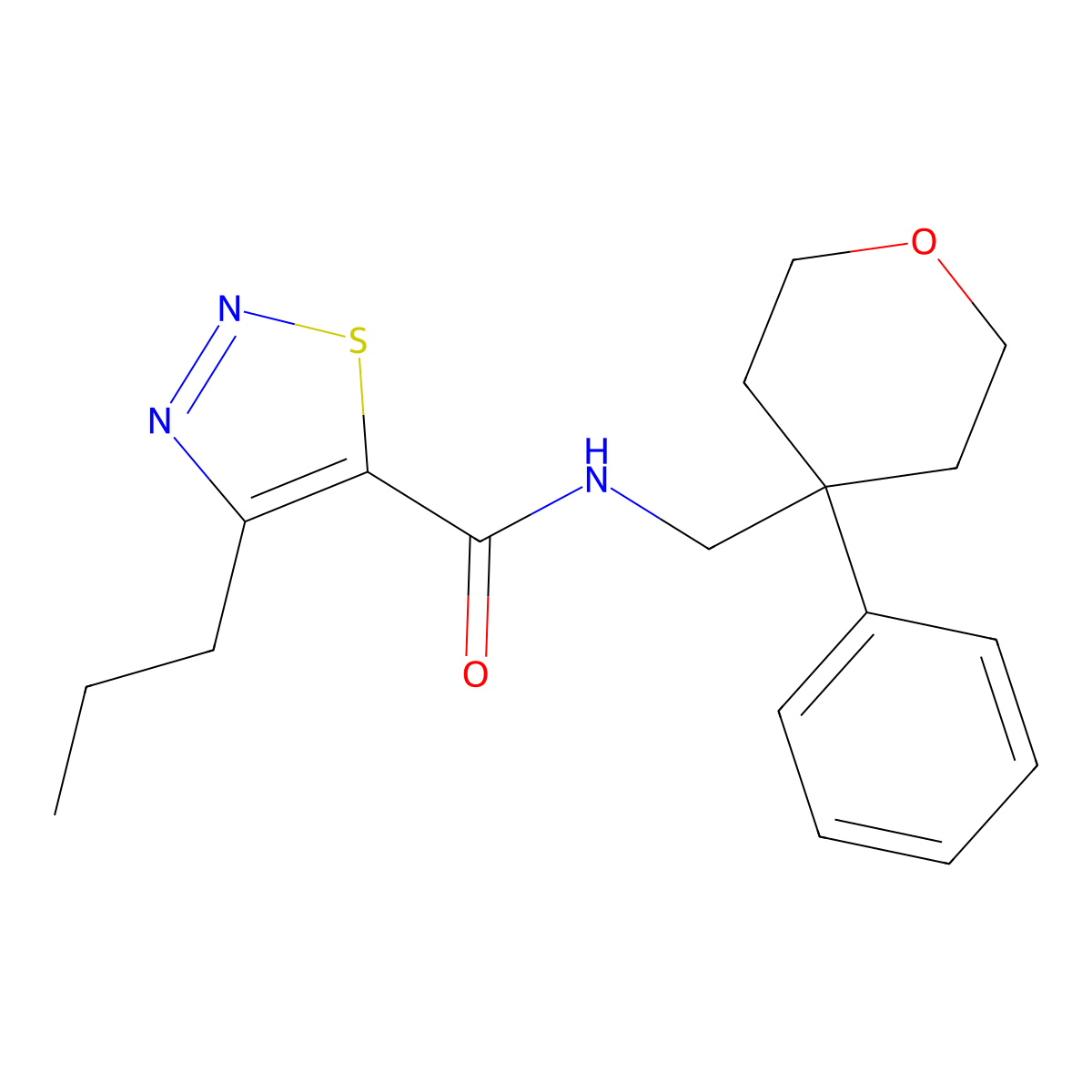 N-((4-phenyltetrahydro-2H-pyran-4-yl)methyl)-4-propyl-1,2,3-thiadiazole-5-carboxamide molecular structure, CAS 1207001-74-8