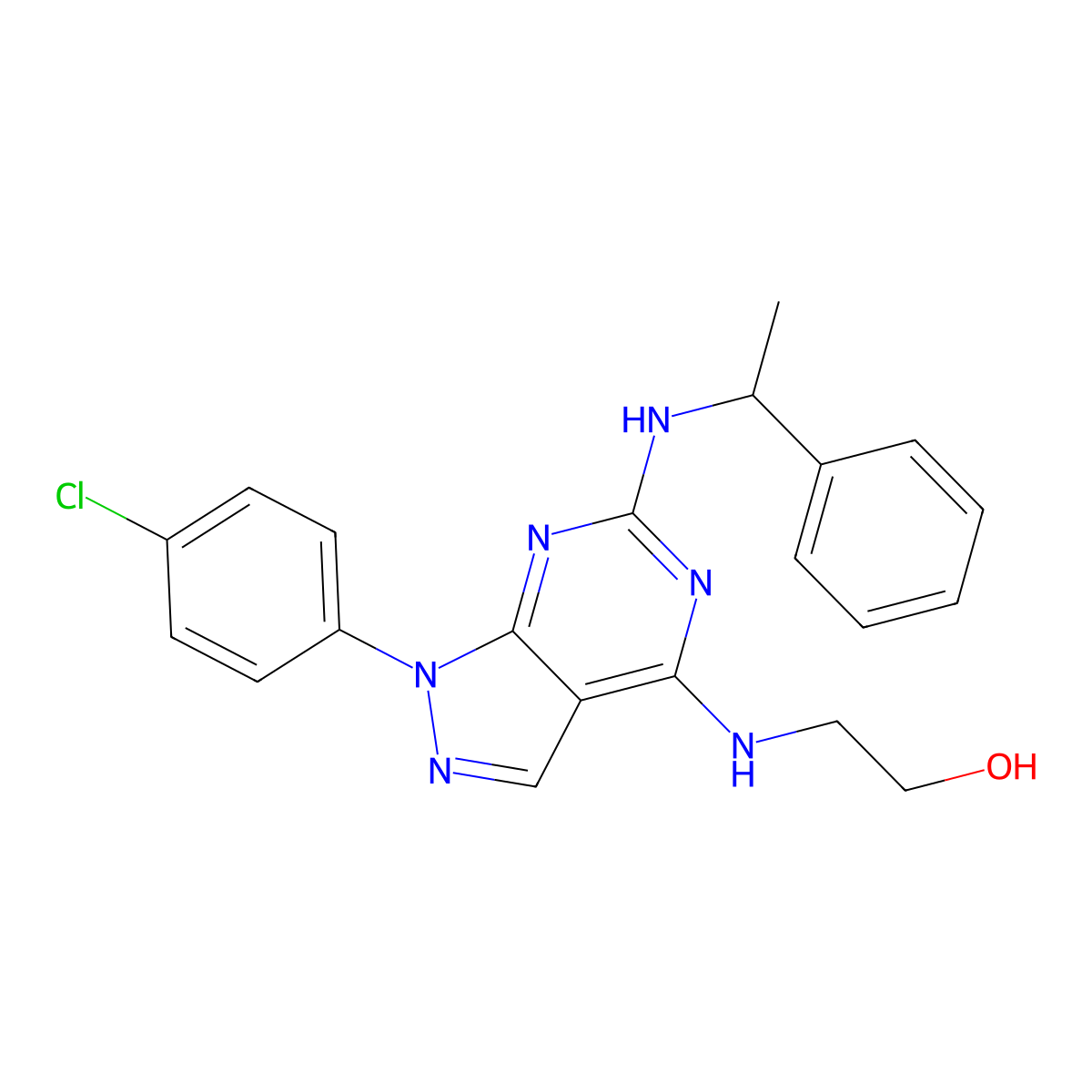 2-((1-(4-chlorophenyl)-6-((1-phenylethyl)amino)-1H-pyrazolo[3,4-d]pyrimidin-4-yl)amino)ethanol molecular structure, CAS 1207001-77-1