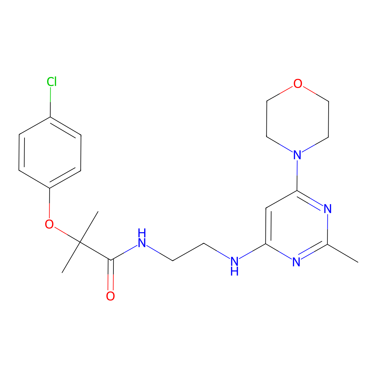 2-(4-chlorophenoxy)-2-methyl-N-(2-((2-methyl-6-morpholinopyrimidin-4-yl)amino)ethyl)propanamide molecular structure, CAS 1207001-83-9