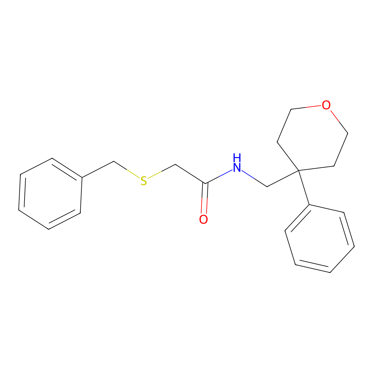 2-(benzylthio)-N-((4-phenyltetrahydro-2H-pyran-4-yl)methyl)acetamide molecular structure, CAS 1207001-84-0