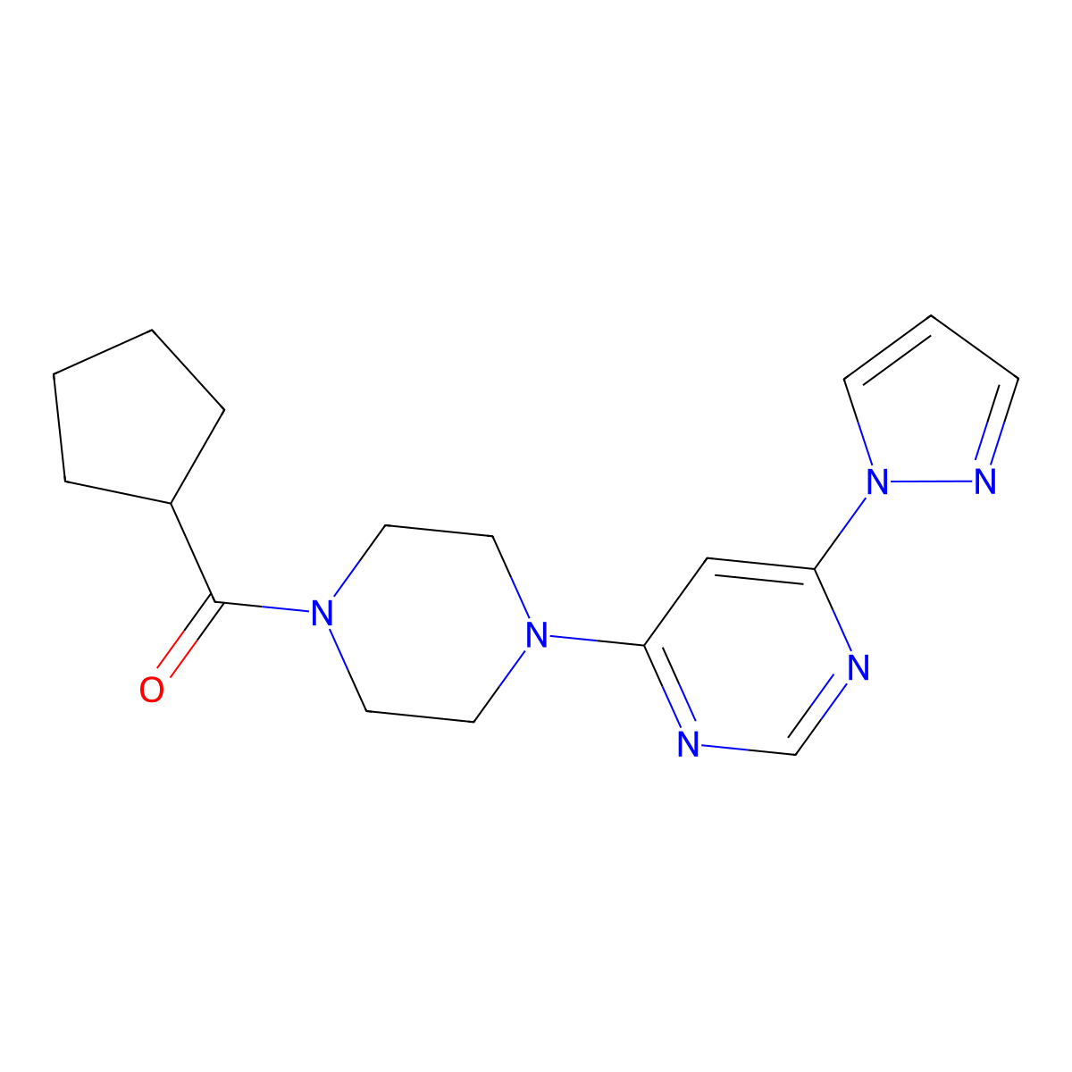 (4-(6-(1H-pyrazol-1-yl)pyrimidin-4-yl)piperazin-1-yl)(cyclopentyl)methanone molecular structure, CAS 1207002-10-5