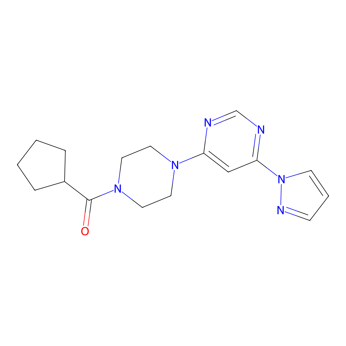 (4-(6-(1H-pyrazol-1-yl)pyrimidin-4-yl)piperazin-1-yl)(cyclopentyl)methanone molecular structure, CAS 1207002-10-5