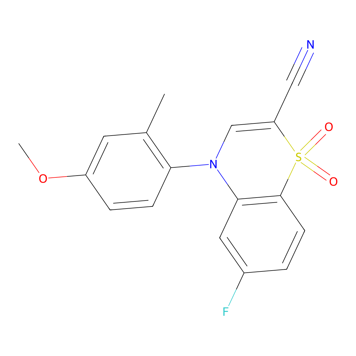 6-fluoro-4-(4-methoxy-2-methylphenyl)-4H-benzo[b][1,4]thiazine-2-carbonitrile 1,1-dioxide molecular structure, CAS 1207002-21-8