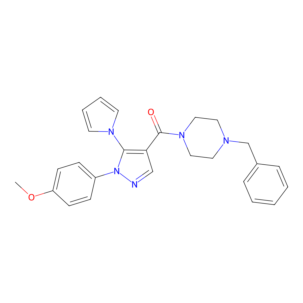 (4-benzylpiperazin-1-yl)(1-(4-methoxyphenyl)-5-(1H-pyrrol-1-yl)-1H-pyrazol-4-yl)methanone molecular structure, CAS 1207002-24-1