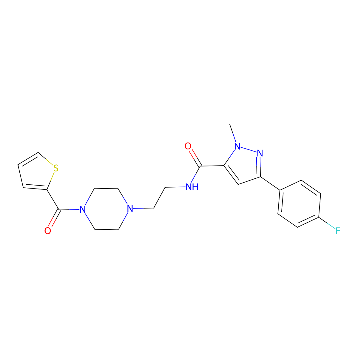 3-(4-fluorophenyl)-1-methyl-N-{2-[4-(thiophene-2-carbonyl)piperazin-1-yl]ethyl}-1H-pyrazole-5-carboxamide molecular structure, CAS 1207002-27-4