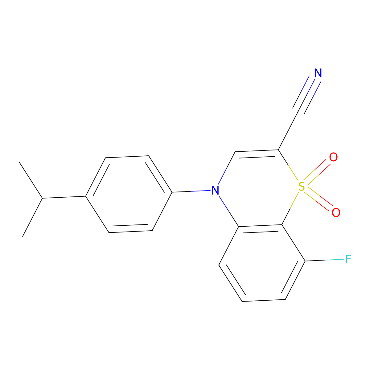 8-fluoro-4-(4-isopropylphenyl)-4H-benzo[b][1,4]thiazine-2-carbonitrile 1,1-dioxide molecular structure, CAS 1207002-32-1