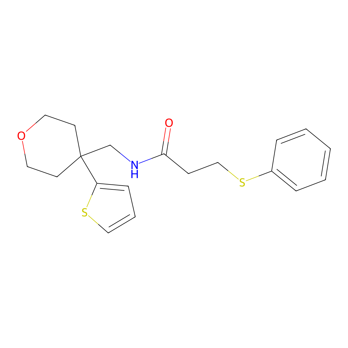 3-(phenylthio)-N-((4-(thiophen-2-yl)tetrahydro-2H-pyran-4-yl)methyl)propanamide molecular structure, CAS 1207002-44-5
