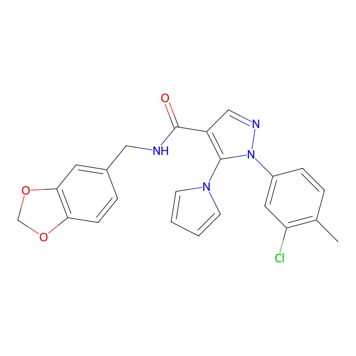 N-(benzo[d][1,3]dioxol-5-ylmethyl)-1-(3-chloro-4-methylphenyl)-5-(1H-pyrrol-1-yl)-1H-pyrazole-4-carboxamide molecular structure, CAS 1207002-48-9