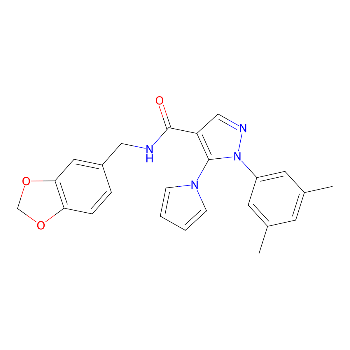 N-(benzo[d][1,3]dioxol-5-ylmethyl)-1-(3,5-dimethylphenyl)-5-(1H-pyrrol-1-yl)-1H-pyrazole-4-carboxamide molecular structure, CAS 1207002-59-2