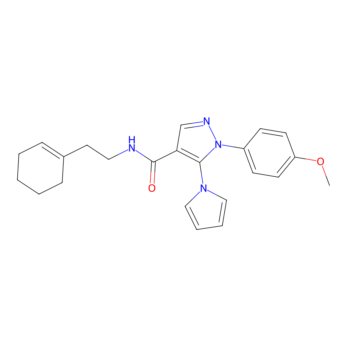 N-(2-(cyclohex-1-en-1-yl)ethyl)-1-(4-methoxyphenyl)-5-(1H-pyrrol-1-yl)-1H-pyrazole-4-carboxamide molecular structure, CAS 1207002-65-0