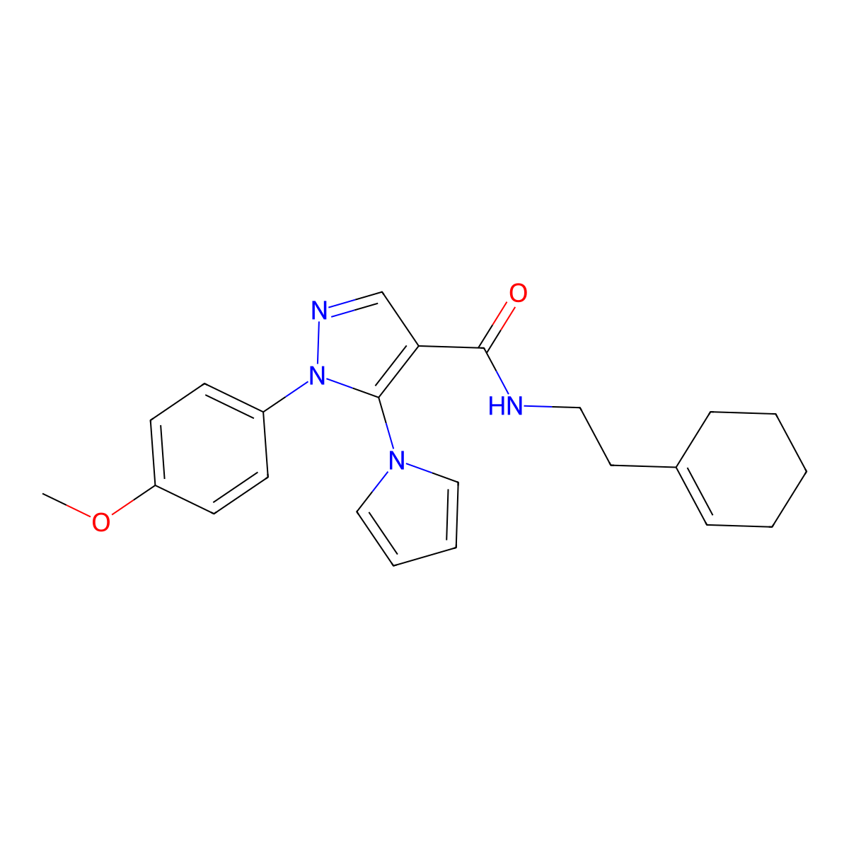 N-(2-(cyclohex-1-en-1-yl)ethyl)-1-(4-methoxyphenyl)-5-(1H-pyrrol-1-yl)-1H-pyrazole-4-carboxamide molecular structure, CAS 1207002-65-0
