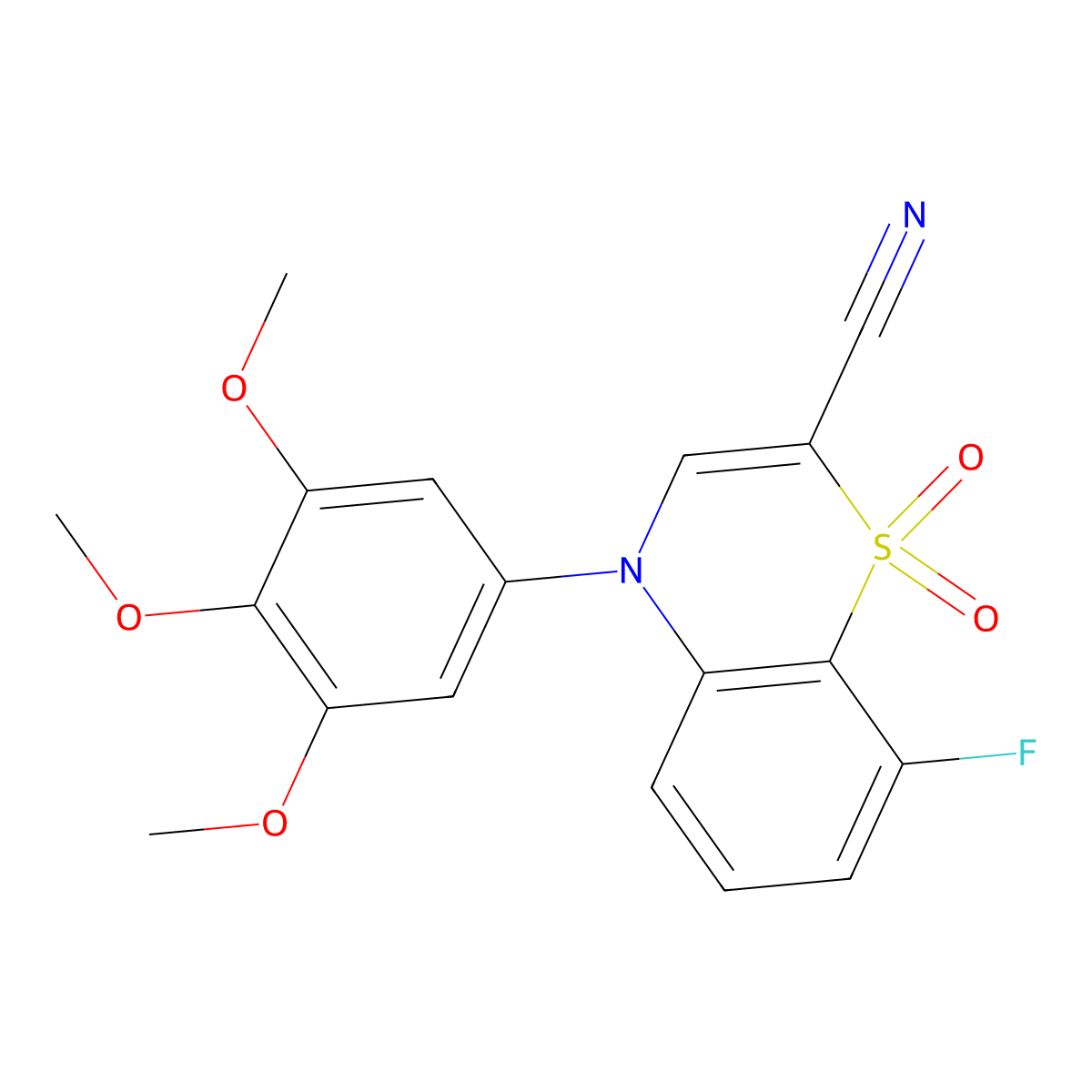 8-fluoro-4-(3,4,5-trimethoxyphenyl)-4H-1,4-benzothiazine-2-carbonitrile 1,1-dioxide molecular structure, CAS 1207002-69-4