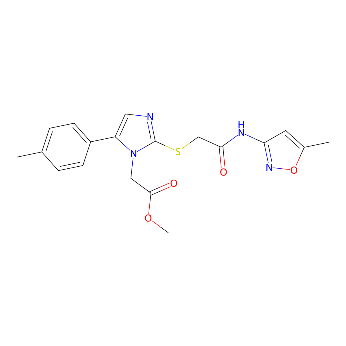 methyl 2-(2-((2-((5-methylisoxazol-3-yl)amino)-2-oxoethyl)thio)-5-(p-tolyl)-1H-imidazol-1-yl)acetate molecular structure, CAS 1207002-72-9