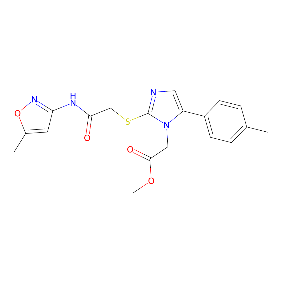 methyl 2-(2-((2-((5-methylisoxazol-3-yl)amino)-2-oxoethyl)thio)-5-(p-tolyl)-1H-imidazol-1-yl)acetate molecular structure, CAS 1207002-72-9