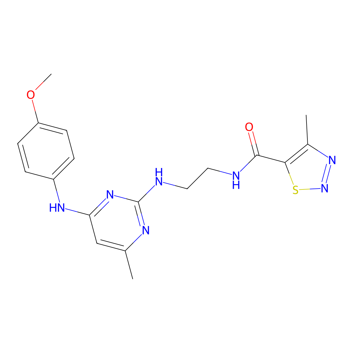 N-(2-((4-((4-methoxyphenyl)amino)-6-methylpyrimidin-2-yl)amino)ethyl)-4-methyl-1,2,3-thiadiazole-5-carboxamide molecular structure, CAS 1207002-73-0