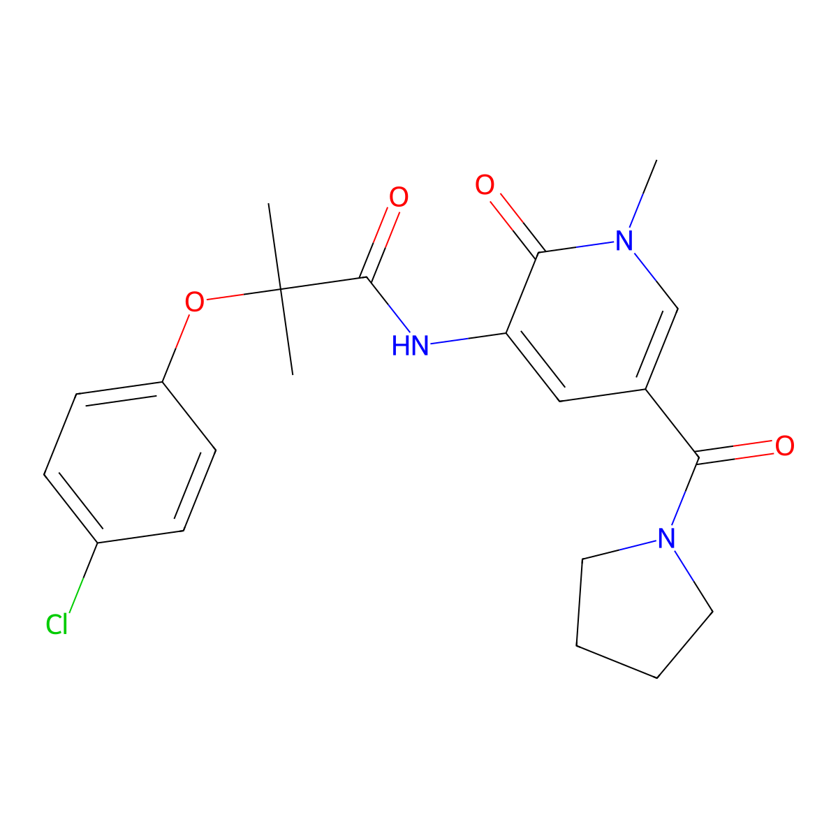 2-(4-chlorophenoxy)-2-methyl-N-[1-methyl-2-oxo-5-(pyrrolidine-1-carbonyl)-1,2-dihydropyridin-3-yl]propanamide molecular structure, CAS 1207002-77-4