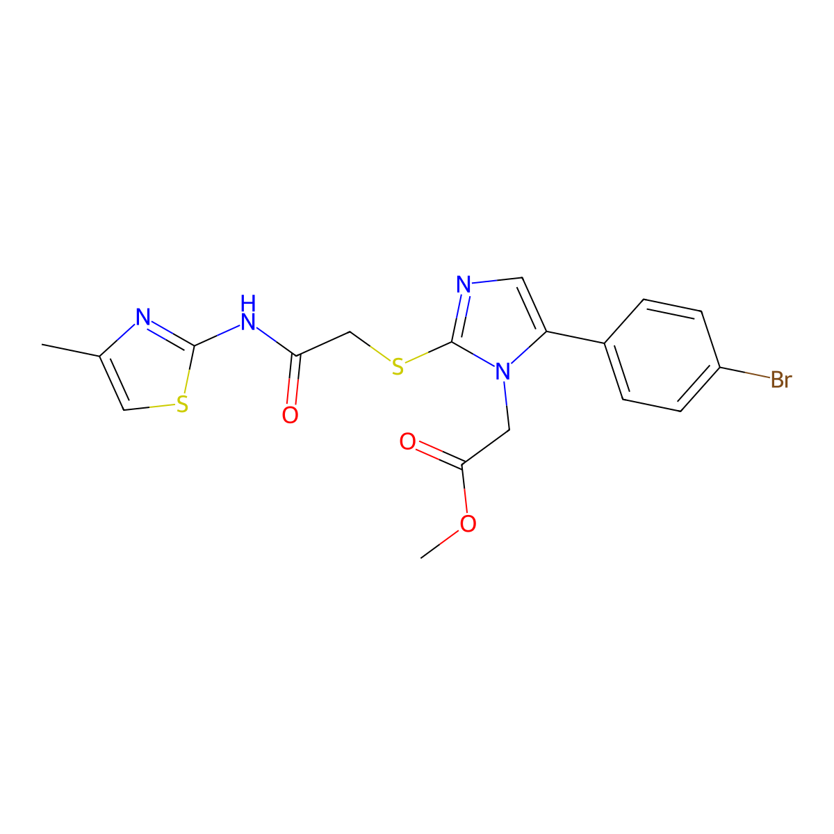 methyl 2-(5-(4-bromophenyl)-2-((2-((4-methylthiazol-2-yl)amino)-2-oxoethyl)thio)-1H-imidazol-1-yl)acetate molecular structure, CAS 1207002-84-3