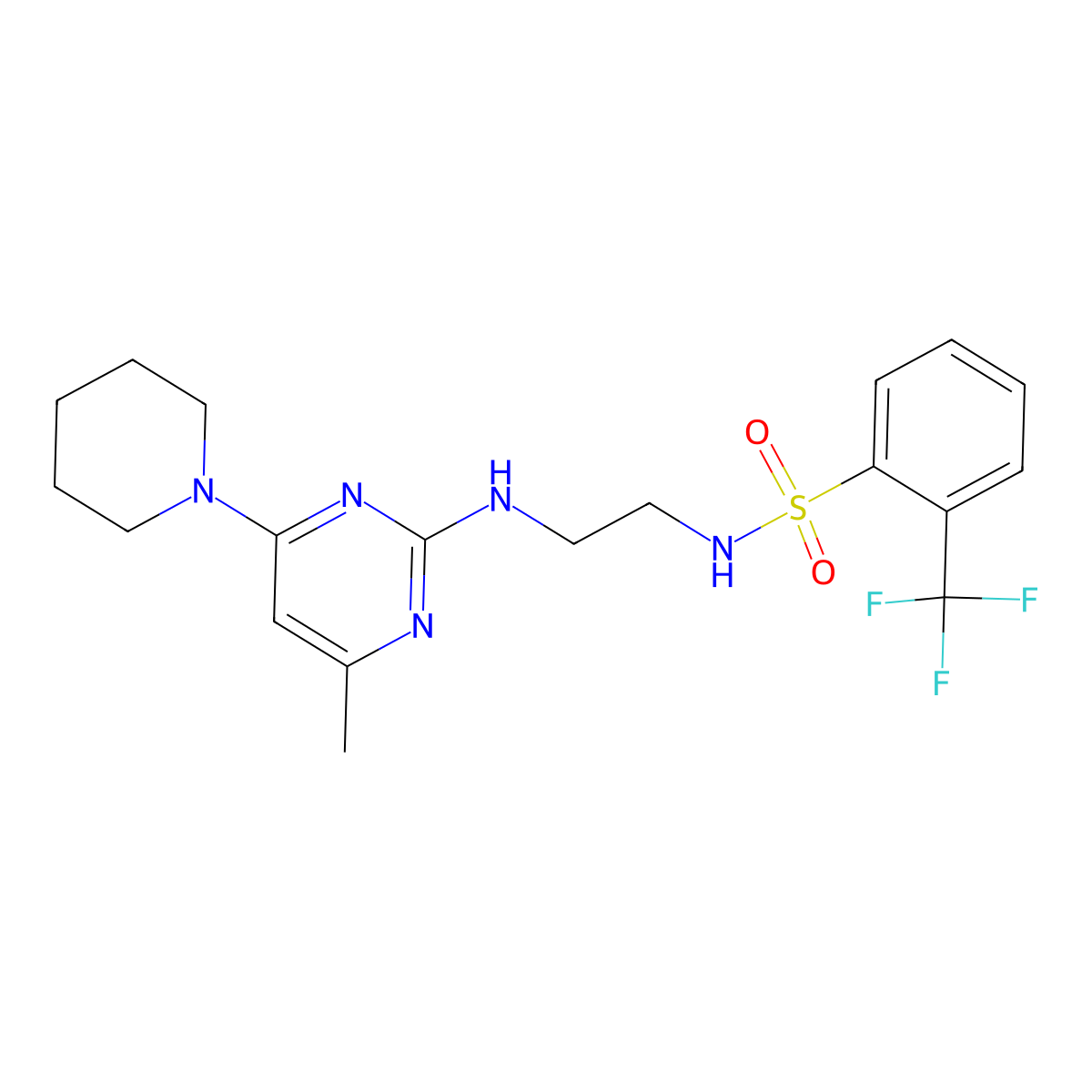 N-(2-((4-methyl-6-(piperidin-1-yl)pyrimidin-2-yl)amino)ethyl)-2-(trifluoromethyl)benzenesulfonamide molecular structure, CAS 1207002-90-1