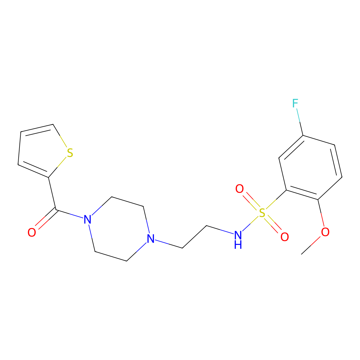 5-fluoro-2-methoxy-N-(2-(4-(thiophene-2-carbonyl)piperazin-1-yl)ethyl)benzenesulfonamide molecular structure, CAS 1207002-97-8