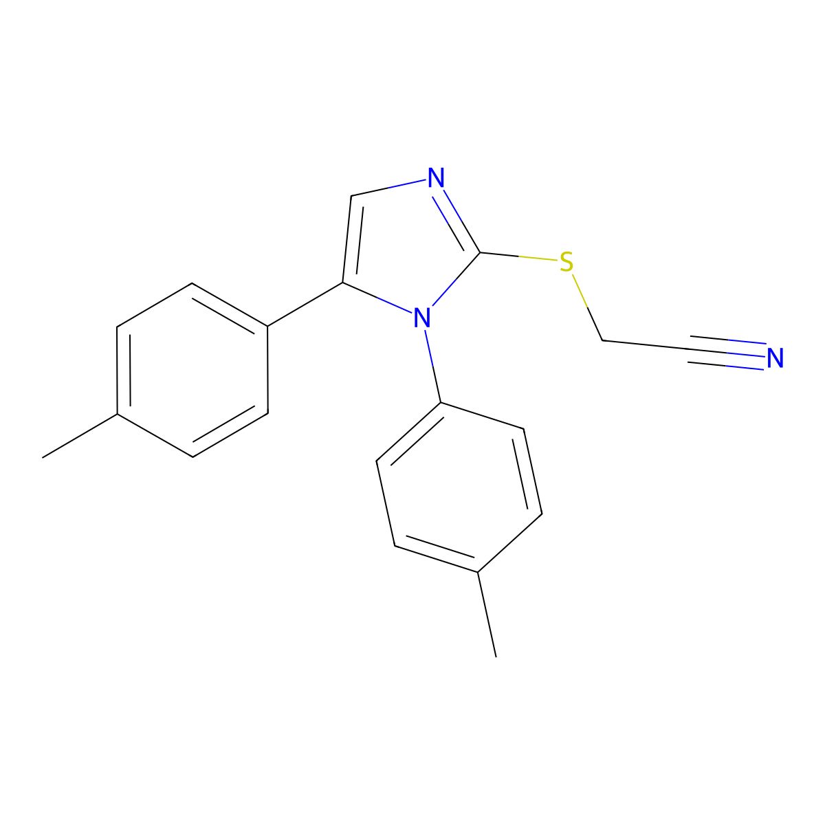2-((1,5-di-p-tolyl-1H-imidazol-2-yl)thio)acetonitrile molecular structure, CAS 1207003-09-5