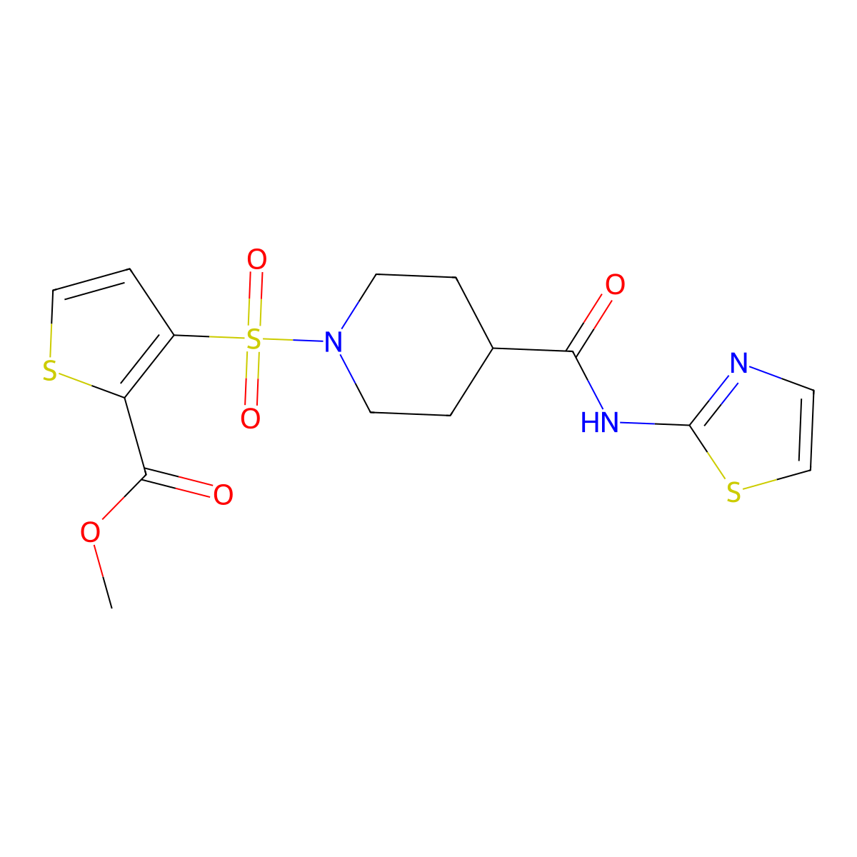 Methyl 3-((4-(thiazol-2-ylcarbamoyl)piperidin-1-yl)sulfonyl)thiophene-2-carboxylate molecular structure, CAS 1207003-17-5