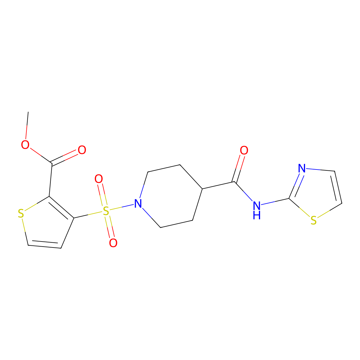 Methyl 3-((4-(thiazol-2-ylcarbamoyl)piperidin-1-yl)sulfonyl)thiophene-2-carboxylate molecular structure, CAS 1207003-17-5