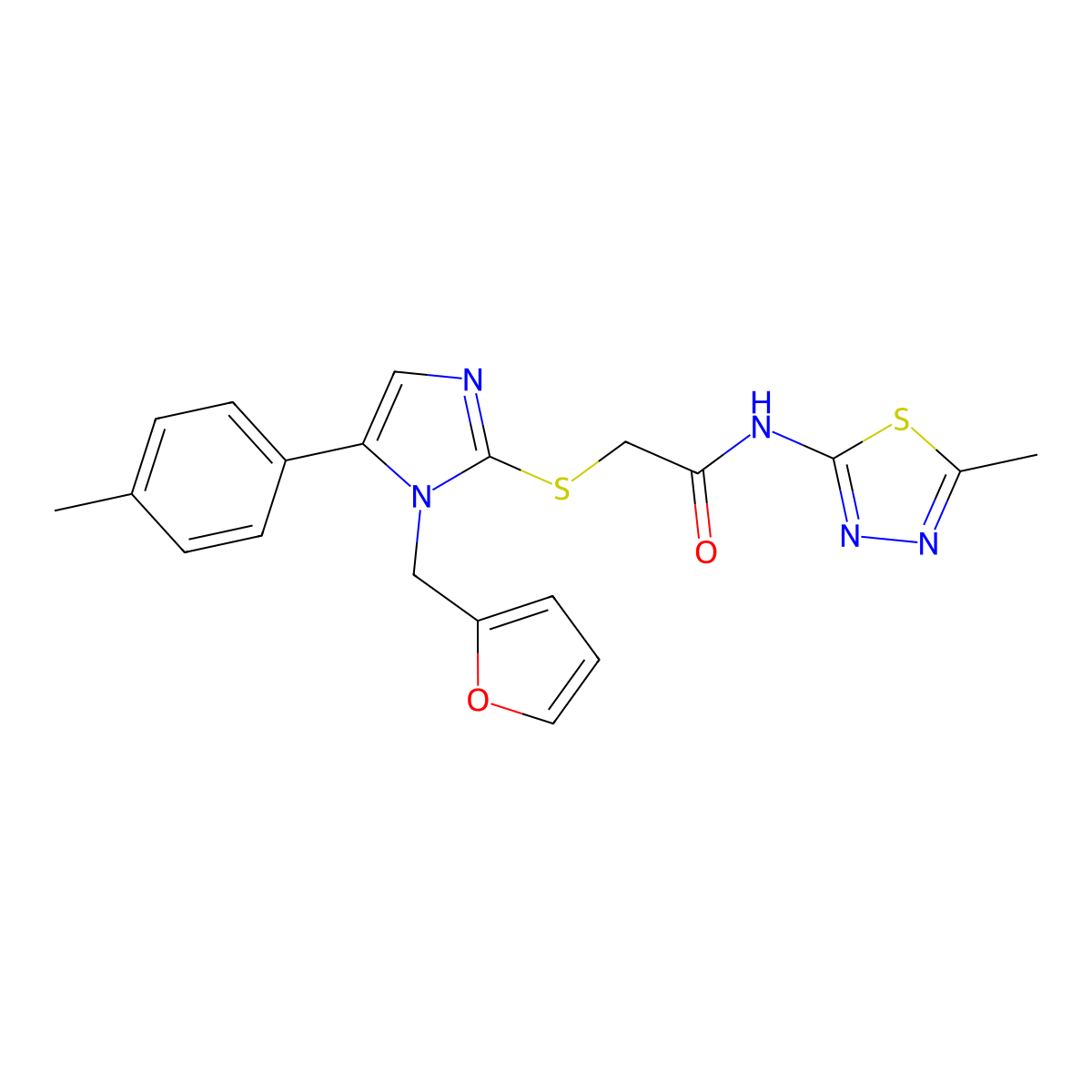 2-((1-(furan-2-ylmethyl)-5-(p-tolyl)-1H-imidazol-2-yl)thio)-N-(5-methyl-1,3,4-thiadiazol-2-yl)acetamide molecular structure, CAS 1207003-49-3