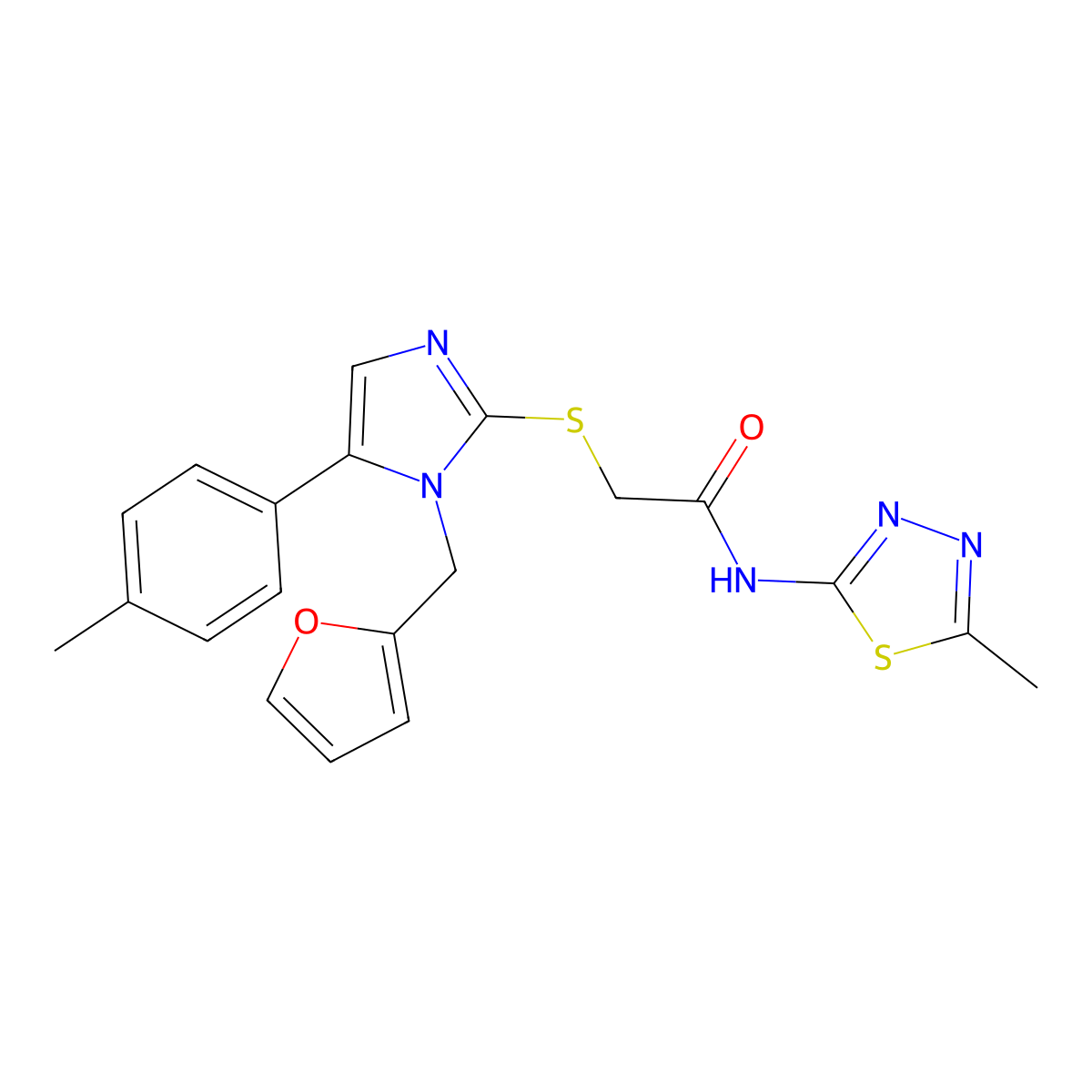 2-((1-(furan-2-ylmethyl)-5-(p-tolyl)-1H-imidazol-2-yl)thio)-N-(5-methyl-1,3,4-thiadiazol-2-yl)acetamide molecular structure, CAS 1207003-49-3