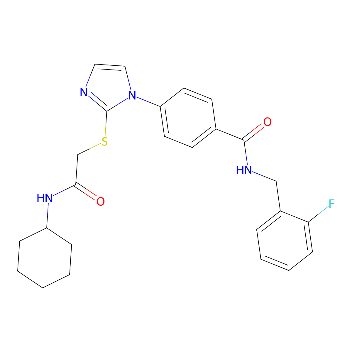 4-(2-{[(cyclohexylcarbamoyl)methyl]sulfanyl}-1H-imidazol-1-yl)-N-[(2-fluorophenyl)methyl]benzamide molecular structure, CAS 1207003-54-0