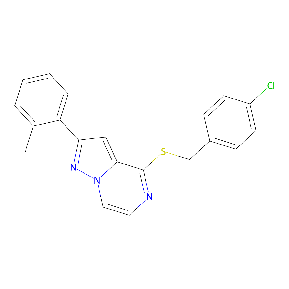 4-[(4-Chlorobenzyl)thio]-2-(2-methylphenyl)pyrazolo[1,5-a]pyrazine molecular structure, CAS 1207003-88-0