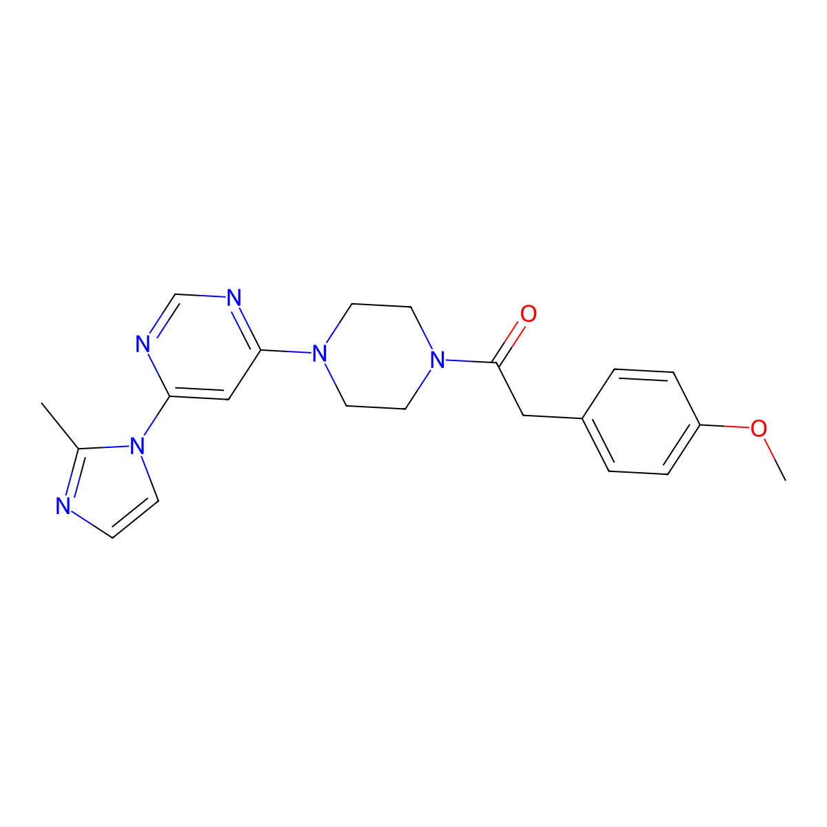 2-(4-methoxyphenyl)-1-(4-(6-(2-methyl-1H-imidazol-1-yl)pyrimidin-4-yl)piperazin-1-yl)ethanone molecular structure, CAS 1207003-93-7