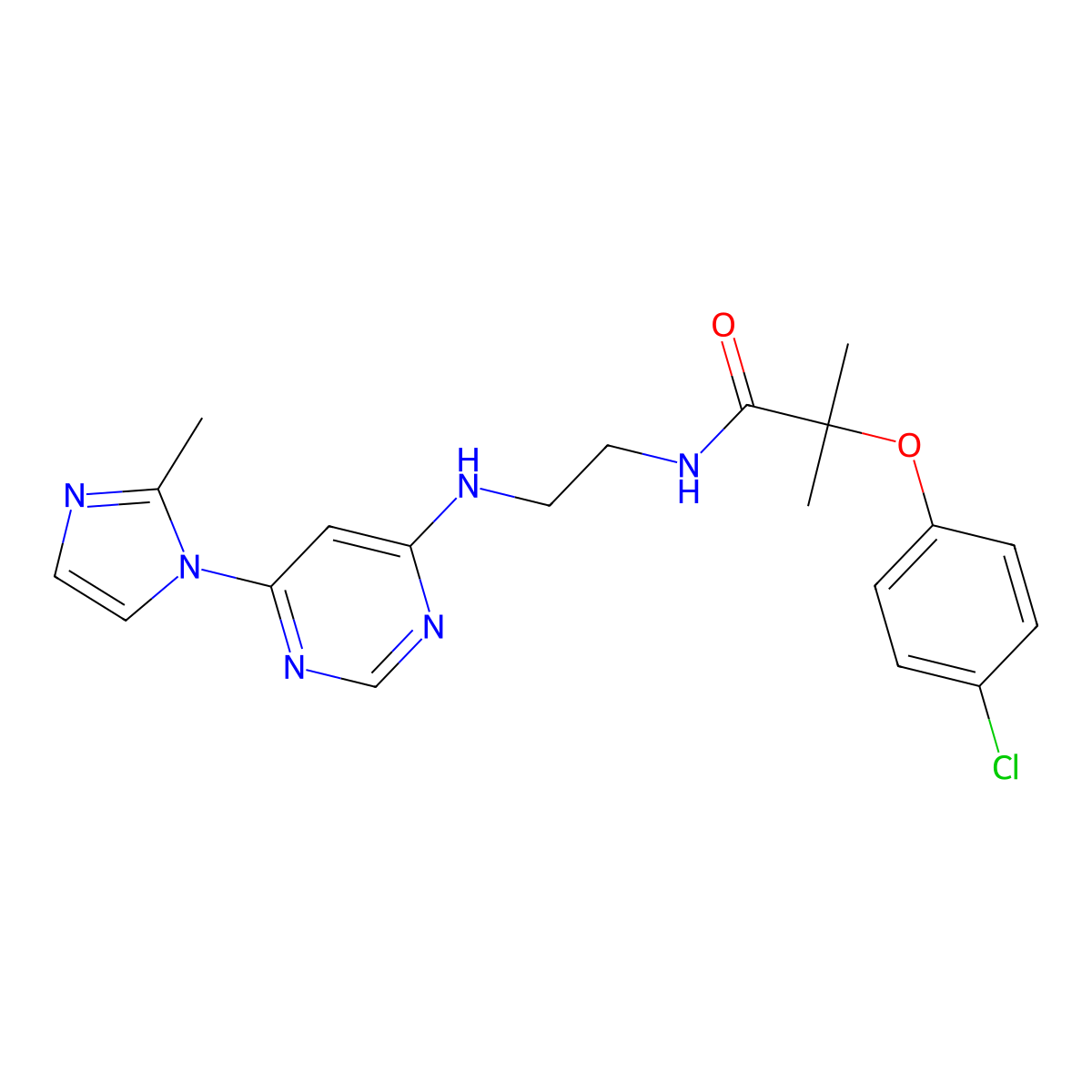 2-(4-chlorophenoxy)-2-methyl-N-(2-((6-(2-methyl-1H-imidazol-1-yl)pyrimidin-4-yl)amino)ethyl)propanamide molecular structure, CAS 1207004-04-3