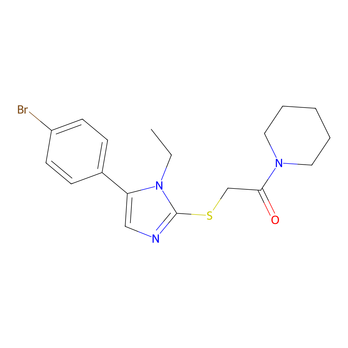 2-((5-(4-bromophenyl)-1-ethyl-1H-imidazol-2-yl)thio)-1-(piperidin-1-yl)ethanone molecular structure, CAS 1207004-06-5
