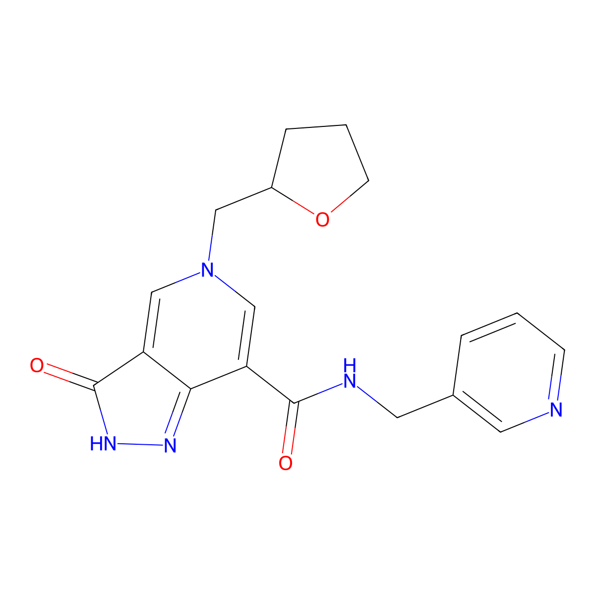 3-oxo-N-(pyridin-3-ylmethyl)-5-((tetrahydrofuran-2-yl)methyl)-3,5-dihydro-2H-pyrazolo[4,3-c]pyridine-7-carboxamide molecular structure, CAS 1207004-17-8