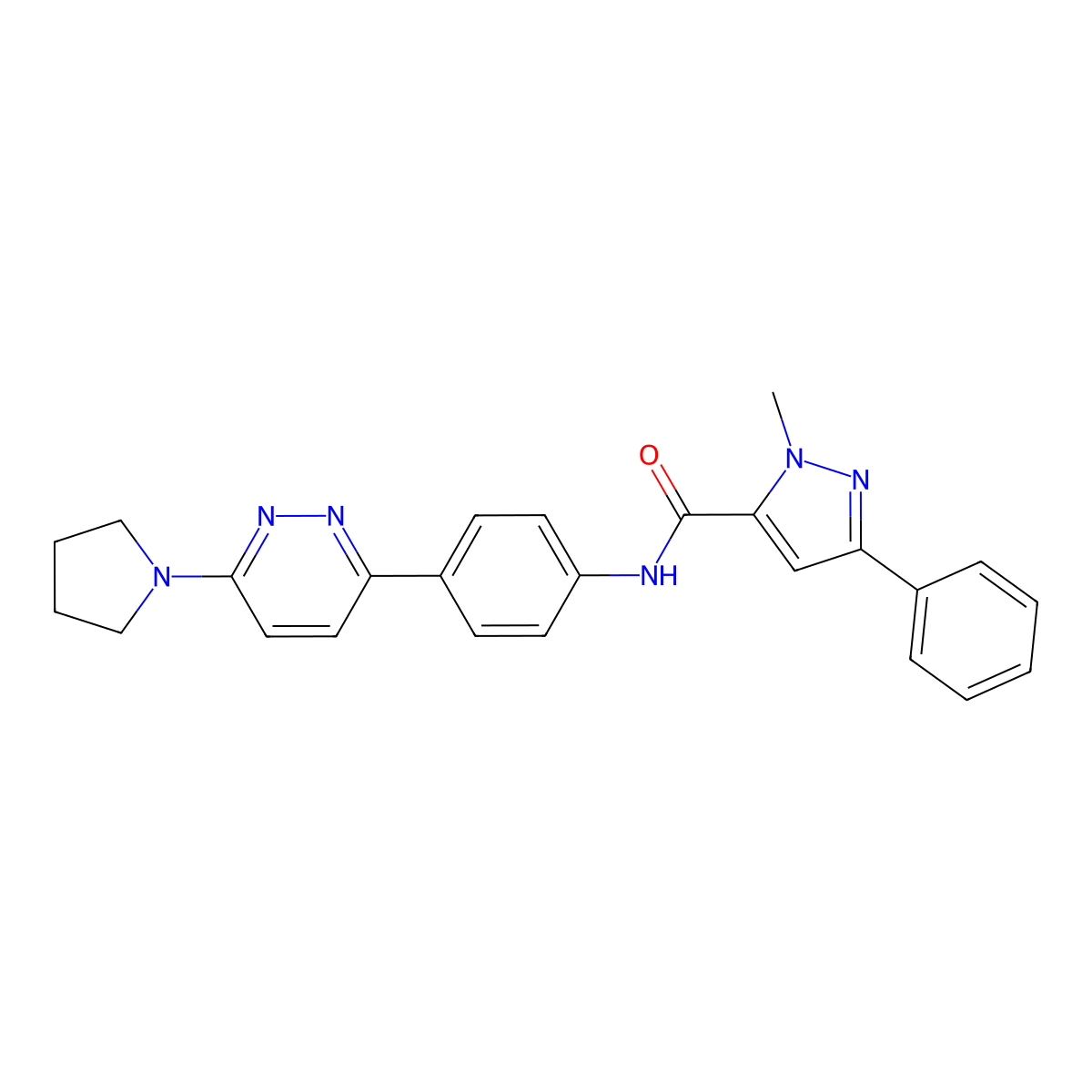 1-methyl-3-phenyl-N-(4-(6-(pyrrolidin-1-yl)pyridazin-3-yl)phenyl)-1H-pyrazole-5-carboxamide molecular structure, CAS 1207004-20-3