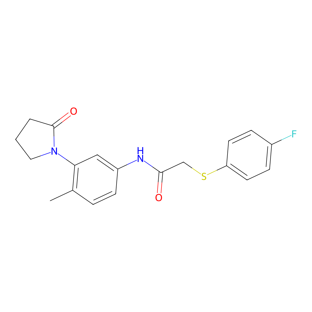 2-((4-fluorophenyl)thio)-N-(4-methyl-3-(2-oxopyrrolidin-1-yl)phenyl)acetamide molecular structure, CAS 1207004-21-4